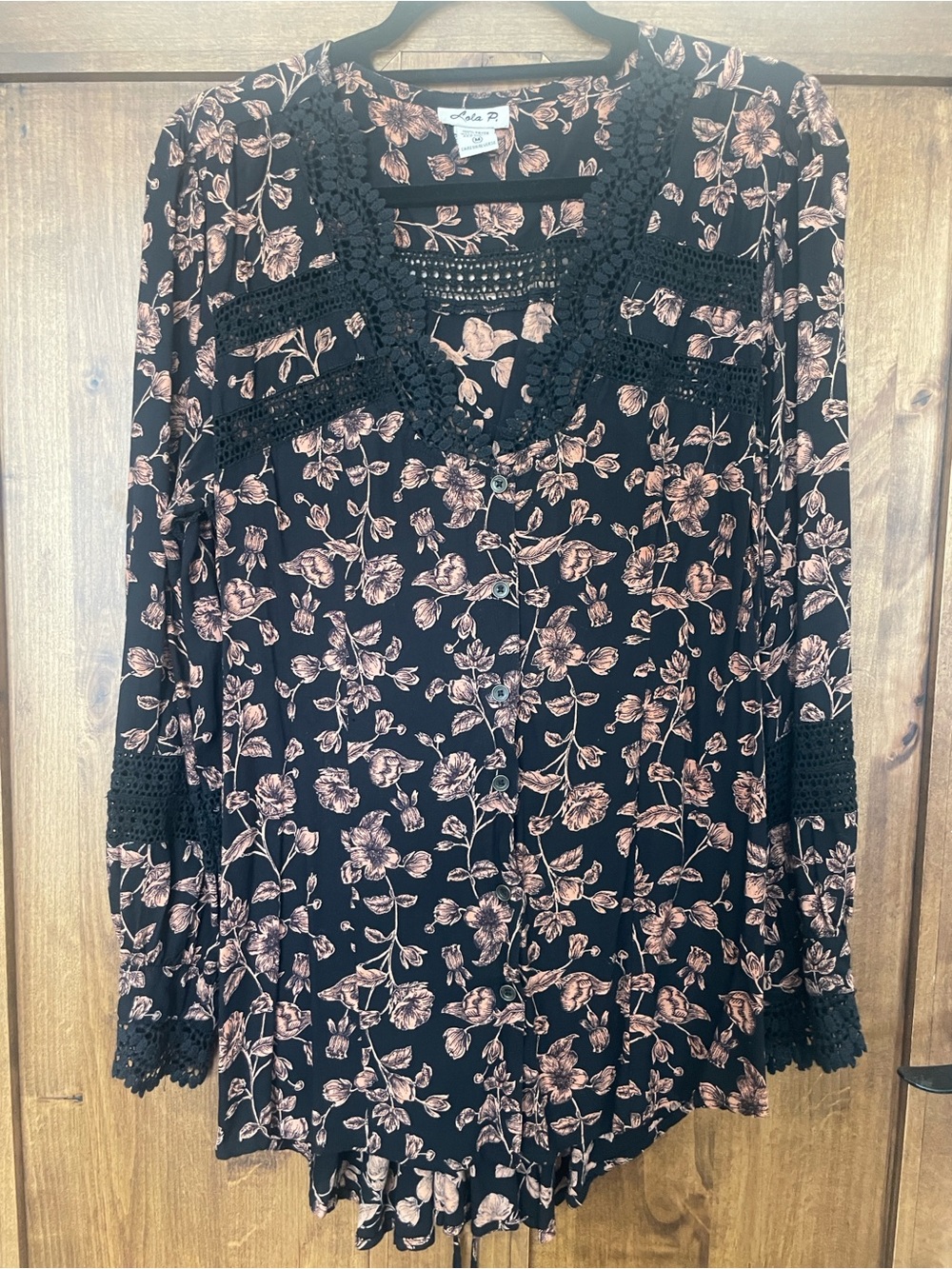 Lola Rose Black Floral V-Neck Crochet-Trim Blouse